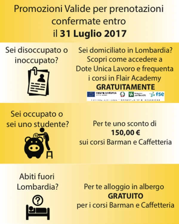 Iscriviti ad un corso barman entro il 31 luglio per ricevere uno sconto di 150€