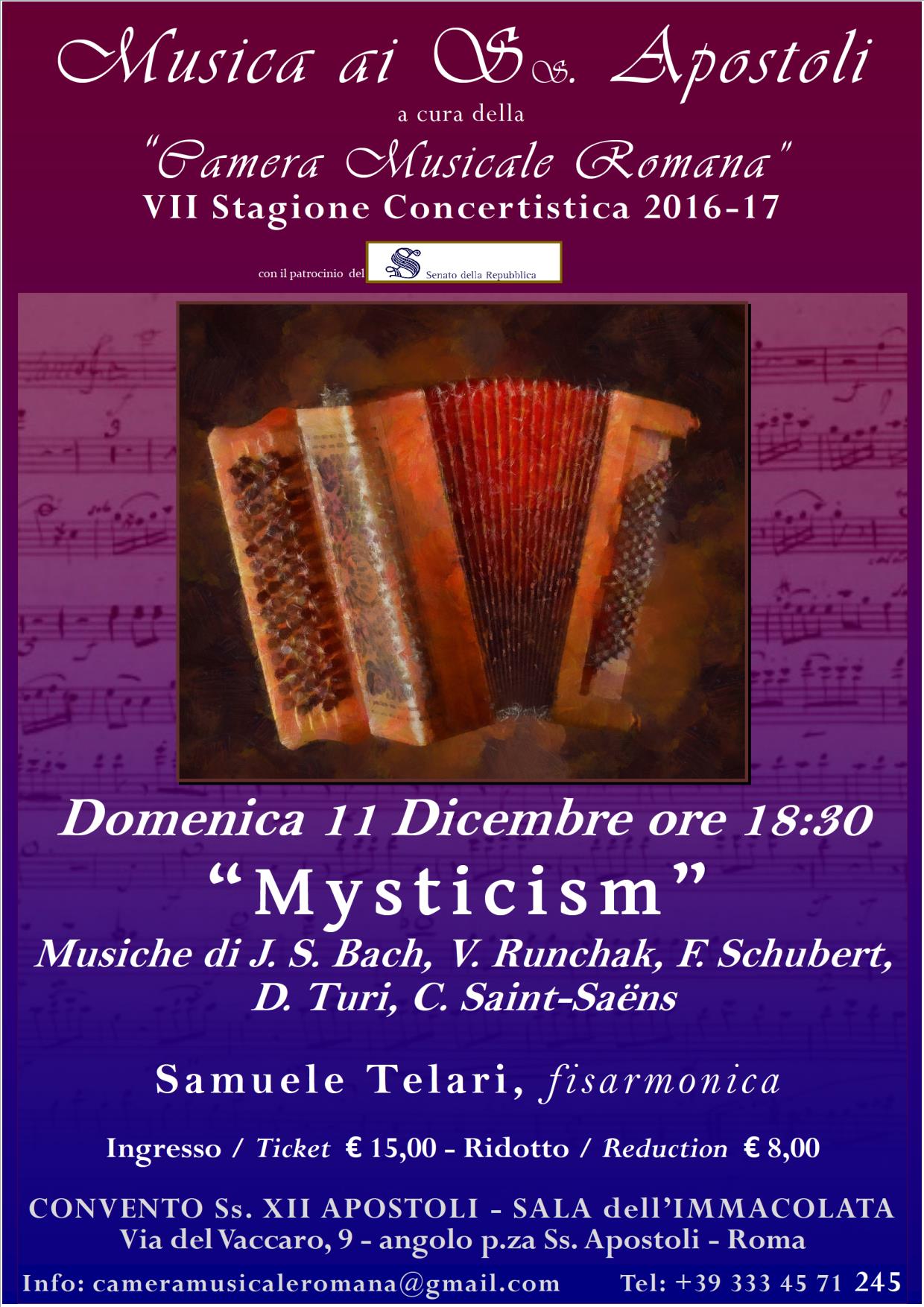 Il fisarmonicista Samuele Telari in concerto al convento dei Ss. Apostoli di Roma con musiche di J. S. Bach, F. Schubert, V. Runchack, D. Turi, C. Saint-Saens